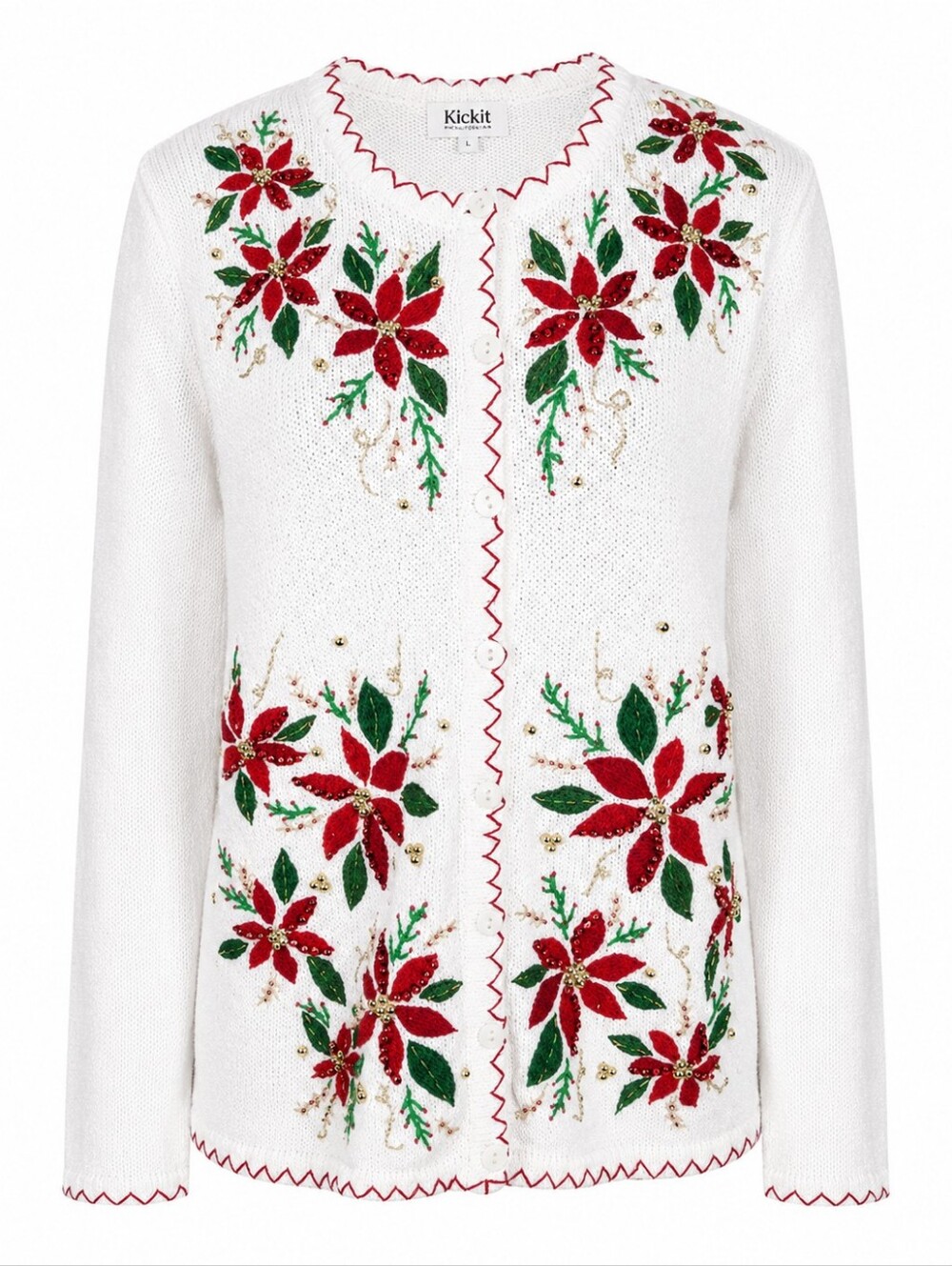 KIKIT | Vintage Christmas Poinsettia Beaded Sequin Button Cardigan Sweater | L